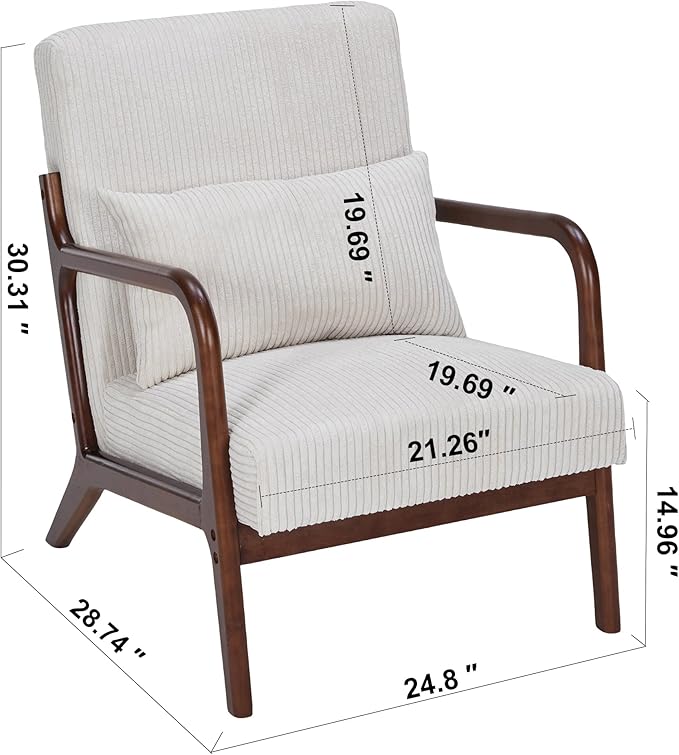 Accent Chairs, Mid-Century Modern Chair with Pillow, Armchair with Solid Wood, Reading Relaxing Leisure Chair for Living Room（Beige/Walnut）