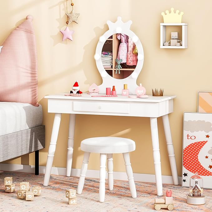 Costzon Kids Vanity, Girls Vanity Set with Mirror and Stool and Lights, Drawer, 2 in 1 Wooden Toddler Makeup Vanity Desk Dressing Table, Kids Vanity Table and Chair Set (White)