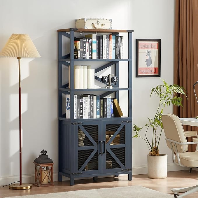 5 Tier Bookshelf 70" Tall Bookcase with Barn Doors,Large Farmhouse Display Book Shelf with Adjustable Shelves and Storage Cabinet，Library Wood Bookshelves for Living Room,Kitchen,Navy Blue