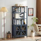 5 Tier Bookshelf 70" Tall Bookcase with Barn Doors,Large Farmhouse Display Book Shelf with Adjustable Shelves and Storage Cabinet,Wood Bookshelves for Living Room,Kitchen,Navy Blue(2PCS)