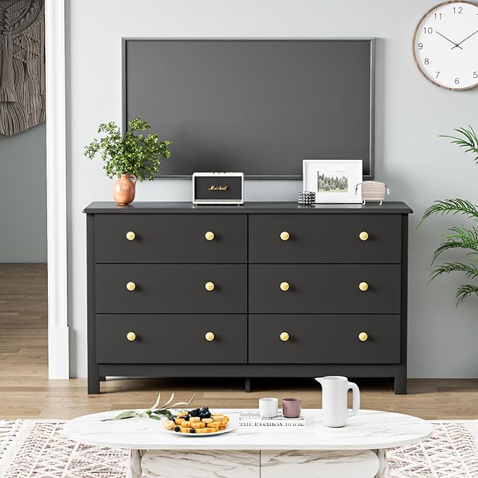 Black Dresser, Modern 6 Drawer Double Dresser for Bedroom with Gold Knobs, Adults & Kids Wide Dressers & Chests of Drawers for Hallway, Entryway