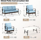 6 Piece Metal Outdoor Patio Furniture Set - 1 3-Seater & 2 Fixed & 2 Swivel Sofas with 5.75" Thick Cushion & Coffee Table - Black & Blue Backyard Furniture