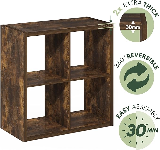 Furinno Cubicle Book Shelf, 4-Cube Bookself, Thick Frame Bookcase with Reversible Open Back, 14.6 x 30 x 30, for Living Room, Bedroom, Home Office, Amber Pine