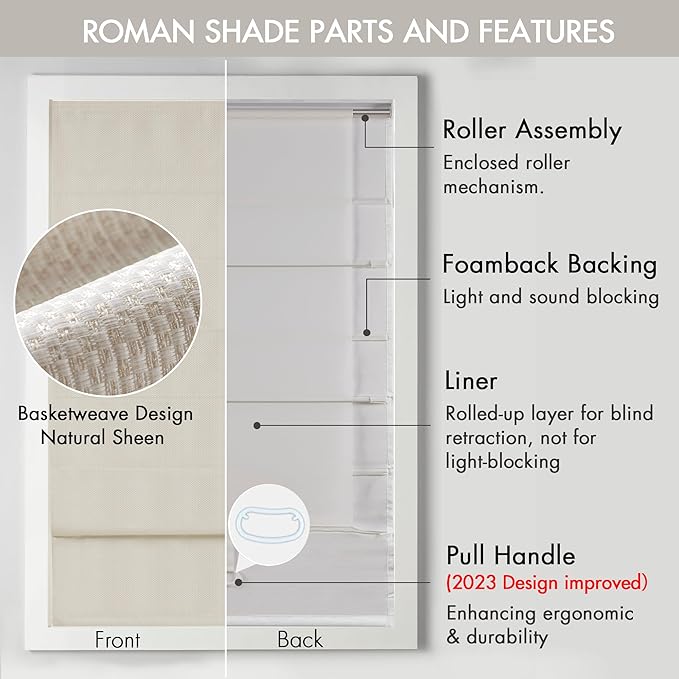 Madison Park Galen Cordless Roman Shade, 29"W x 64"H, Sheen Ivory – Room Darkening, Thermal Insulated, Energy Efficient Window Blind with Subtle Sheen Basketweave Fabric for Privacy