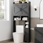 Homhedy Over The Toilet Storage Cabinet with 2 Barn Door and Toilet Paper Holder Stand, FreeStanding Toilet Shelf Space Saver, for Bathroom, Restroom, Laundry, Black