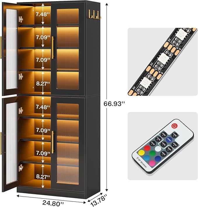 Tribesigns Black Shoe Storage Cabinet with Acrylic Doors and LED Lights, 8-Tier Tall Entryway Shoe Organizer Rack with Adjustable Shelves & Hanging Hooks for Narrow Closet, Hallway, Living Room