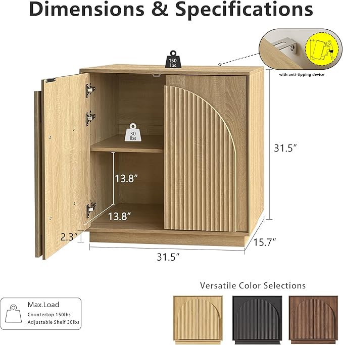 win2win Fluted Sideboard Buffet Cabinet with Storage, 31.5" Modern Boho Accent Cabinet with Double-Layered Arch Doors, Small Wood Console Credenza for Living Room, Dining Room, Entryway, Hallway, Oak