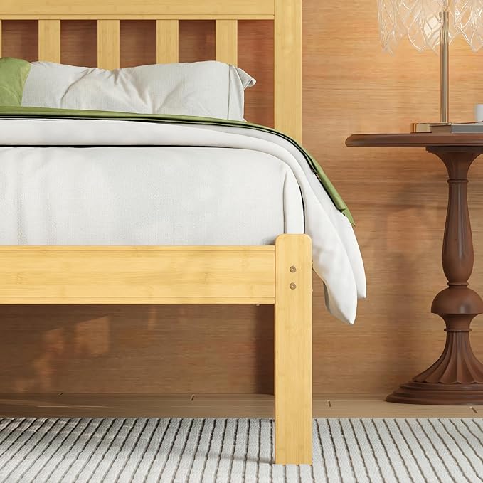 Askeld Wood Queen Bed Frame with Headboard, 14 Inch High Solid Bamboo Platform Bed No Box Spring Needed, Mid-Century Heavy Duty Bedframe, Easy Assembly, Noise Free
