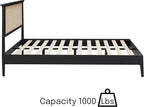 NTC Ruby Wooden Bed Frame with Headboard and Natural Rattan, Solid Oak Foundation with Silent Slats, 1000 Lb Capacity, Effortless Assembly, Queen - Burnt Black