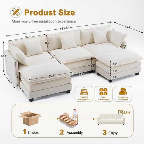 111.4" U Shaped Cloud Couch Sectional with 2 Ottoman｜Modular Chenille Sofa with 29.1" Deep Seat｜FSC Solid Wood Frame｜Easy Assembly & 1YR Guarantee｜for Living Room Bedroom Apartment