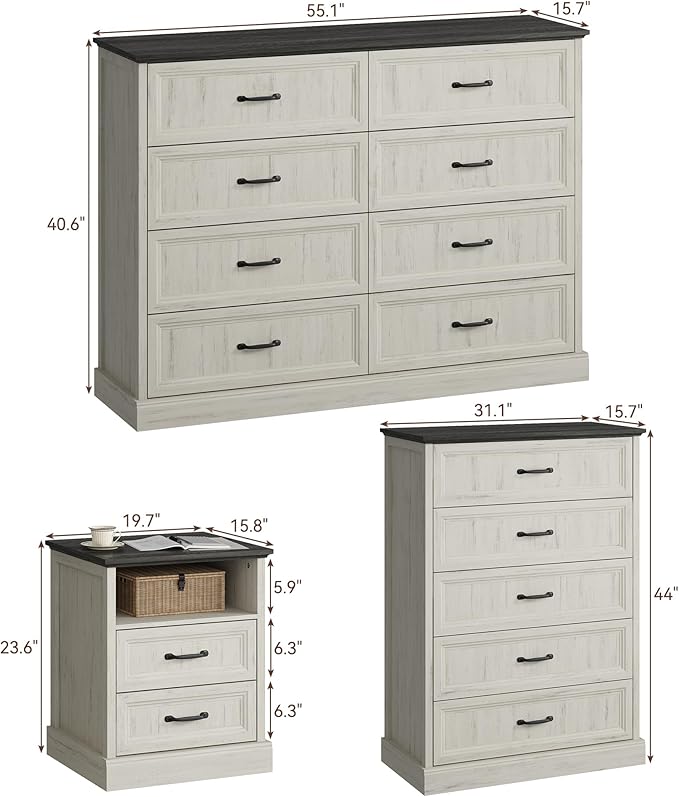 CARPETNAL Farmhouse Dresser and Nightstand Sets for Bedroom, 4 Pcs Bedroom Set, 5 Drawer & 8 Drawer Dresser and Nightstand Set of 2, Wood Chest of Drawers for Living Room, Entryway, White