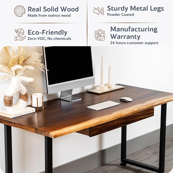 Wood Computer Desk with Drawer - 48x27 Solid Wood Desk, Live Edge Walnut Desk, Sturdy Metal Legs - Scratch and Stain Resistant Finish - Premium Quality