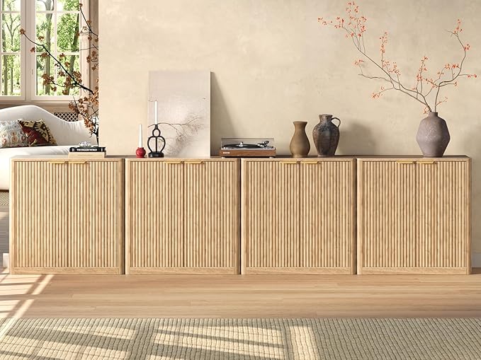 Evermagin 126" Oak Buffet Cabinet with Storage, Large Sideboard Cabinet, Boho Accent Credenza, Fluted Console Table with Doors for Dining Room, Kitchen, and Living Room