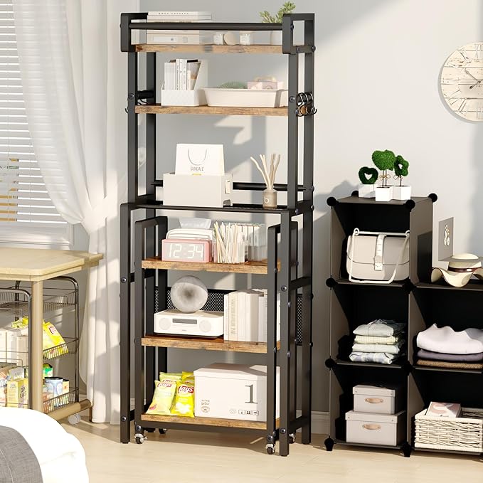 Recaceik 6-Tier Over The Toilet Storage Shelf with Cart, Freestanding Above Toilet Shelf Rack, Farmhouse Bathroom Organizer Shelves, Space Saver (Brown)