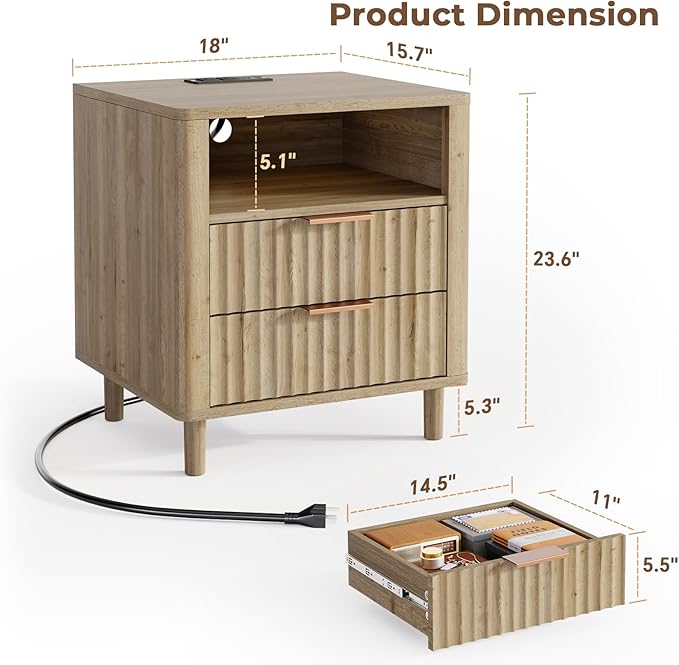 Fluted Nightstand with Charging Station, 2 Drawers Storage Bedside Table, Solid Wood Modern Nightstand with Open Shelf, Curved Profile Design, End Table for Indoor Room Bedroom Office, Oak