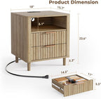 Fluted Nightstand Set of 2, 2 Drawers Storage Bedside Table with Charging Station, Wood Modern Nightstand with Open Shelf, Curved Profile Design, End Table for Indoor Room Bedroom, Oak