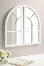 Kate and Laurel Boldmere Modern Farmhouse Wide Windowpane Arched Mirror; 30 x 29; White; Decorative Vintage Inspired Window Mirror for Farmhouse Wall Decor