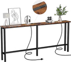 70" Narrow Console Sofa Table - 2 Power Outlets & 4 USB Ports, Metal Frame, Rustic Brown, Perfect for Hallway, Office, and Behind Sofa - Easy Assembly, 4.9' Extension Cord Included