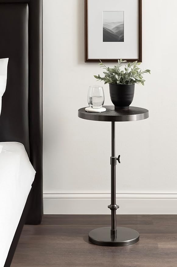Kate and Laurel Engles Traditional Adjustable-Height Pedestal Side Table, 14 x 14 x 30, Metallic Black, Vintage Round Indoor Metal Plant Stand with Embossed Pattern for Use as Bedroom Nightstand