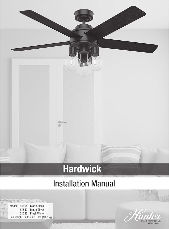 Hunter Fan Company, 51842, 52 inch Hardwick Matte Silver Ceiling Fan with LED Light Kit and Handheld Remote
