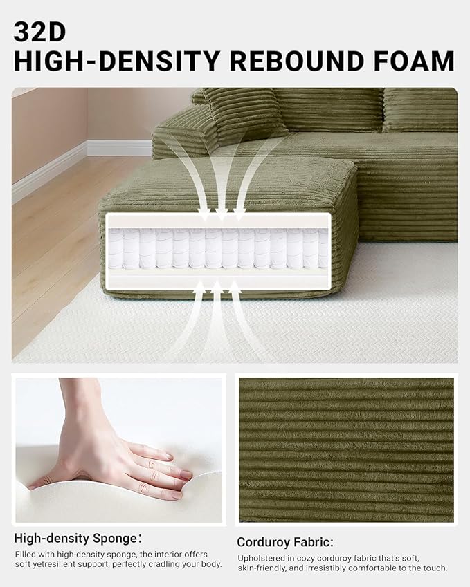 108 Inch Cloud Sectional Couch,Modern Modular Sectional Sofa with Deep Seat,Corduroy Boneless Couches with L-Shape Chaise for Living Room,No Assembly Required (Green, Left Facing Chaise + Ottoman)
