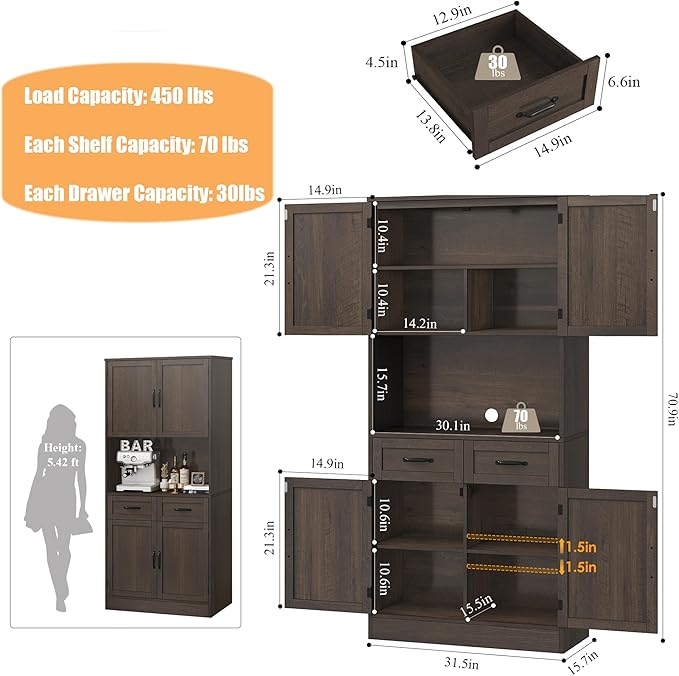 HOSTACK 71“ Tall Kitchen Pantry Storage Cabinet, Modern Kitchen Hutch Bar Cabinet with Microwave Stand, Wood Buffet Sideboard with Hutch, Cupboard with Drawers, Shelves for Dining Room, Dark Brown
