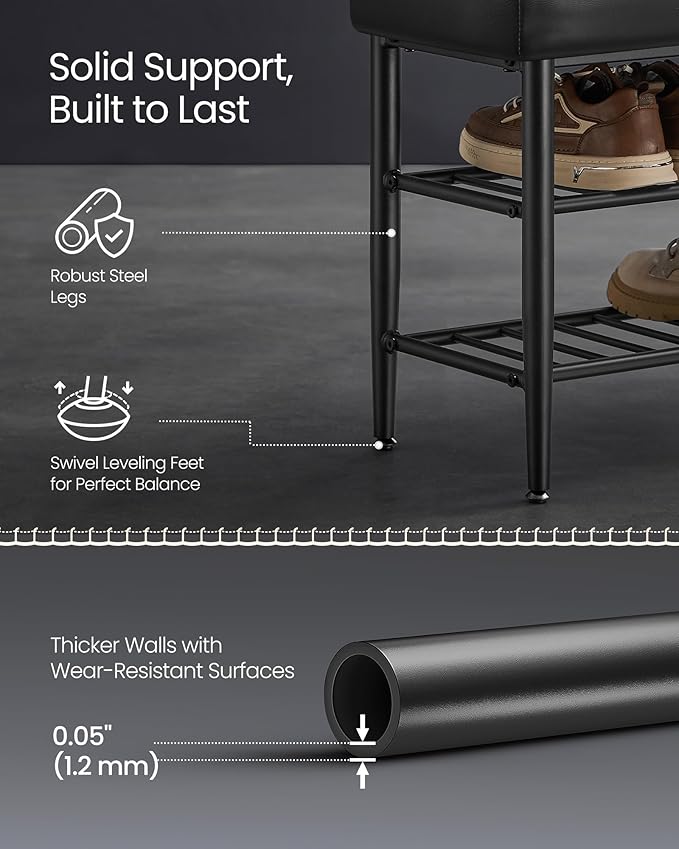 VASAGLE EKHO Collection - Shoe Rack Bench, Storage Bench for Entryway, Synthetic Leather with Stitching, Mid-Century Modern, Loads 300 lb, 11.8 x 31.5 x 19.7 Inches, Ink Black ULSB054B01