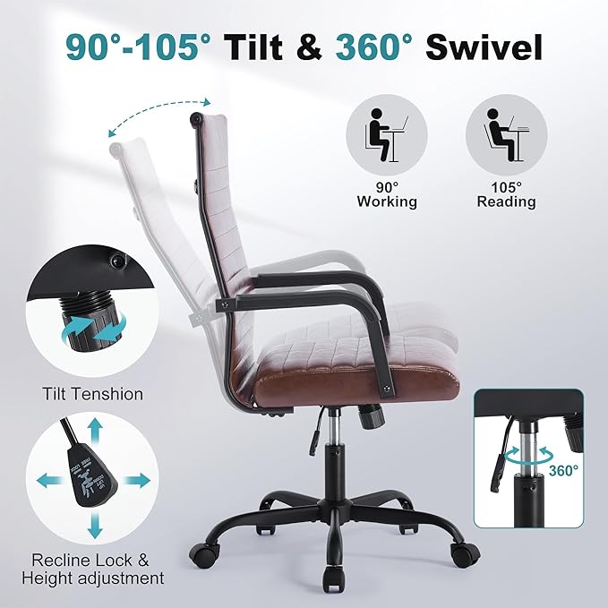 Office Desk Chair, Ergonomic Conference Room Chairs, PU Leather Executive Ribbed Computer Chair, Swivel Rolling Chair for Home Office
