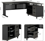 Tribesigns 63 Inch Executive Desk with File Cabinet, L Shaped Office Desk with Drawers and Storage Shelves, Business Furniture Set Workstation for Home Office, Gray and Black