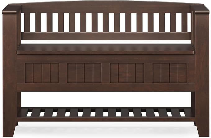 SIMPLIHOME Acadian Entryway Storage Bench - 48 inch Wide Solid Wood Hallway Seat with Shelf in Brunette Brown, Transitional Bench for Entryway or Living Room with Open Storage and Slatted Bottom