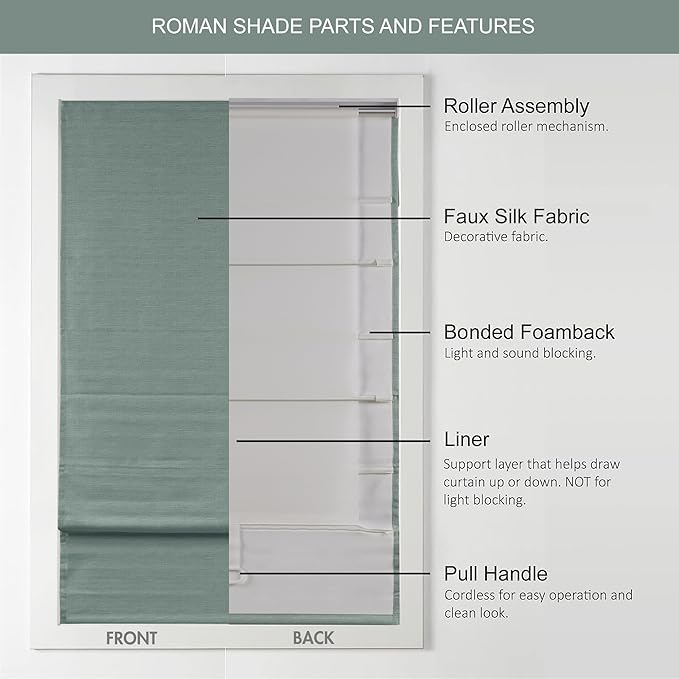 Madison Park Cordless Roman Shades Faux Silk Shade with Sheen 1-Panel Privacy, Room Darkening, Energy Efficient, Thermal Insulated Window Blind for Bedroom, Living Room Décor, 33"W x 64"L Como, Green