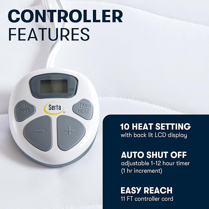 Serta Heated Mattress Pad Twin XL - Deep Pocket, 10 Heat Settings, Auto Shut Off, ETL Certified, Machine Washable, White