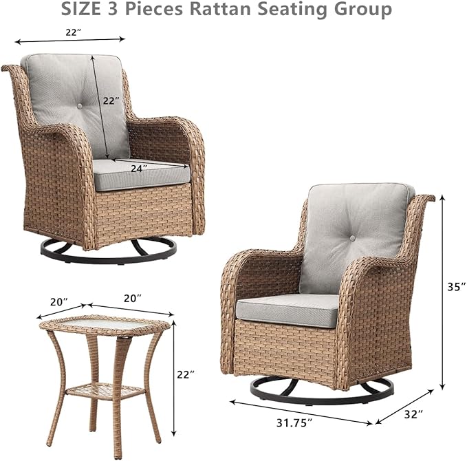 HUMMUH 3-Piece Swivel Rocking Rattan Chair Outdoor, Patio Bistro Furniture Conversation Set, Cushioned Wicker Chair with Glass Coffee Table(Yellow,Beige)