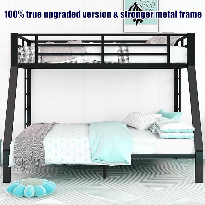 Higher Quality & Stronger Heavy Duty Industrial Style Metal Twin XL Over Queen Bunk Bed, Thickened More Stable Black Steel Bunkbed Bunk Queen Bed (Easier to Assemble) (Twin XL Over Queen)