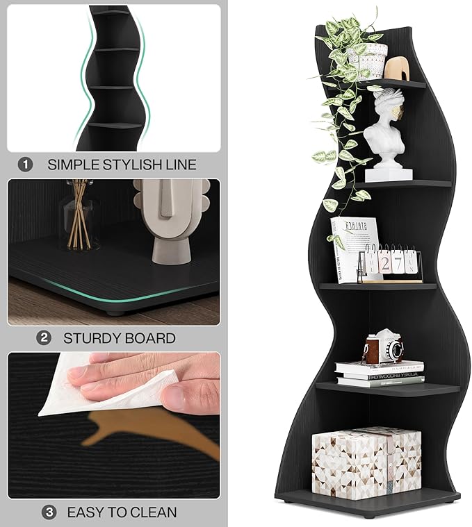 Tribesigns Corner Shelf, Modern 5-Tier Wall Corner Bookshelf, Stylish Corner Small Bookcase Storage Rack Plant Stand with Unique Shape for Living Room, Home Office, (2PCS, Black)