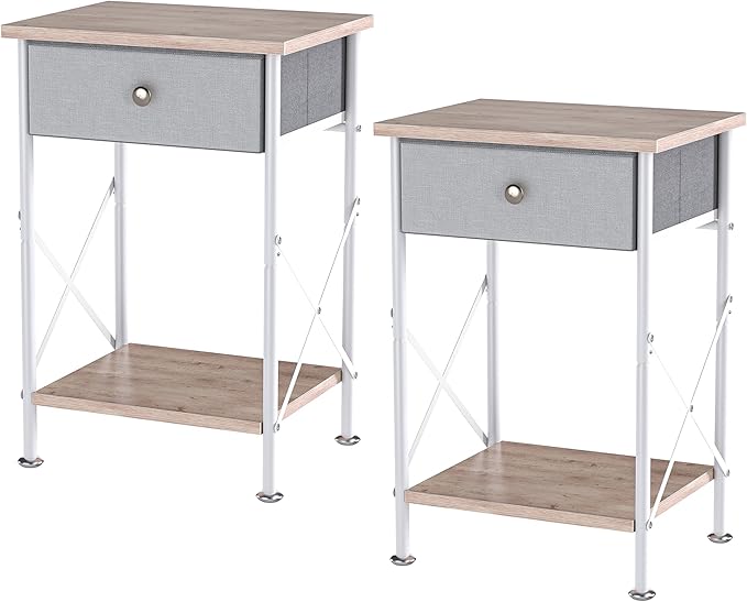 VECELO End Tables, Modern Nightstand with Fabric Drawer & Open Shelf, Night Stand for Bedroom Living Room, Industrial Metal Frame, Easy Assembly, Light Brown,2 Pack