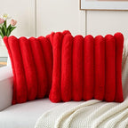 FUTEI Christmas Red Decorative Throw Pillow Covers 22x22 Inch Set of 2, Square Soft Faux Rabbit Fur Thick Striped Cushion Cover,Winter Home Decor for Couch Bed Living Room