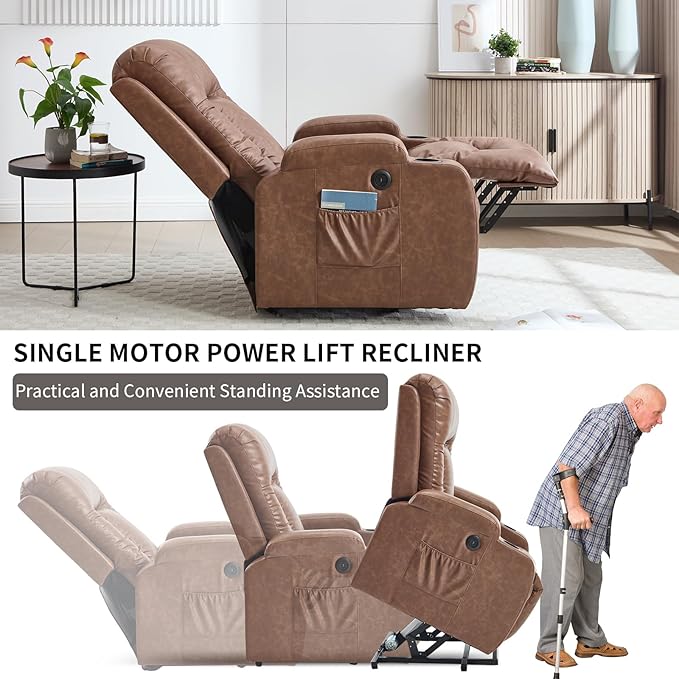 PELUMY Manual Lift Recliner Chair for Elderly with Massage & Heat, Oversized Heavy Duty 350 lbs Recliner with Cup Holders & USB Ports, Infinite Positioning Lift Chair (Breathable Leather, Brown)