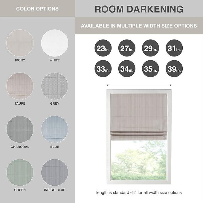 Madison Park Galen Cordless Roman Shade, 33"W x 64"H, Sheen Taupe – Room Darkening, Thermal Insulated, Energy Efficient Window Blind with Subtle Sheen Basketweave Fabric for Privacy