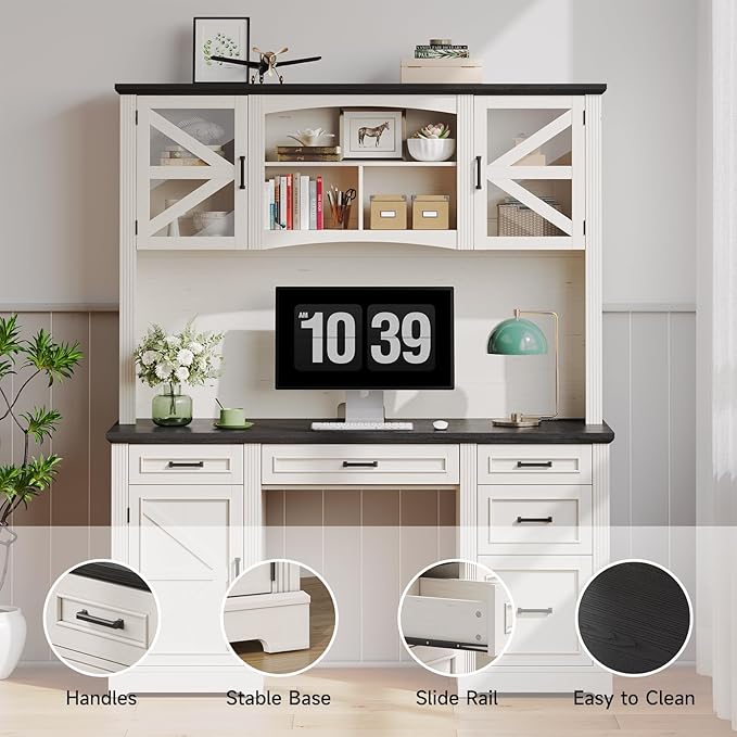 ONBRILL 72" H Farmhouse Executive Desk with Hutch, Office Desk, Computer Desks with Charging Station, Computer Workstations with 5 Drawers and Storage Cabinet for Home, Office, Off White & Black