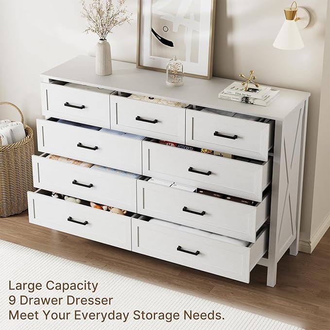 LYNSOM Farmhouse 9 Drawer Dresser for Bedroom, 55 Inch Wide Wood Rustic Chest of Drawers with X-Marking & Bar Handle, Large Storage Dressers Organizer for Bedroom, Living Room, White