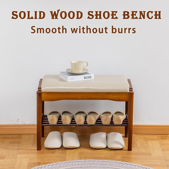 latifolia Small Shoe Bench, Solid Wood Bench with Cushion, 2 Tier Shoe Storage Organizer for Entryway(Walnut,23.62''L)