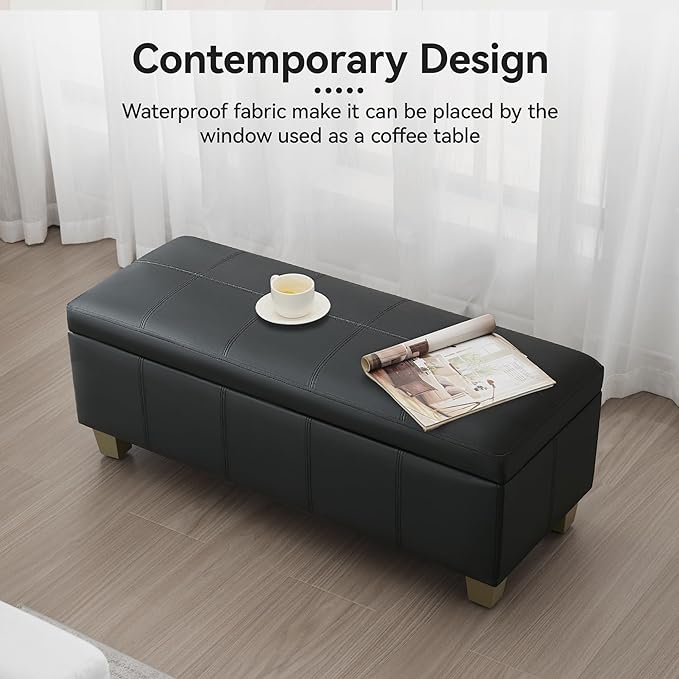 41" Faux Leather Storage Ottoman, Stitch Tufted Rectangle Upholstered End of Bed Storage Bench, Entryway Large Couch Ottoman with Wooden Legs, Dark Black