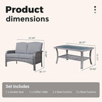 2 Pieces Wicker Patio Furniture Loveseat with Table - Outdoor Rattan Patio Bistro Set of 2,All-Weather PE Wicker Conversation Sofa High Back Deep Seating for Deck Porch Yard,Grey