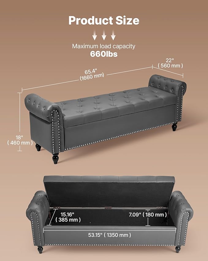 VEVOR Button-Tufted Storage Ottoman Bench, Rolled Arm PU Leather Bench with Solid Wood Legs, Modern Shoe Benches Seat for Entryway, Upholstered End of Bed Benches for Living Room, Dining Room, Gray