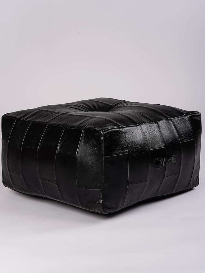 Handmade Eco-Friendly Geometric Leather Pouf Black Color Square 26" x 26" x 14" Buffalo Leather Pouf for Living Room, Bedroom Seating, Patio