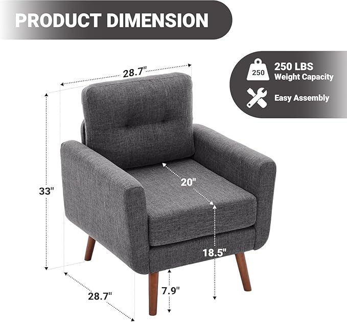 Tbfit Accent Chair, Reading Chair for Living Room & Bedroom, Mid Century Modern Arm Chair, Button Tufted Upholstered Accent Chairs Sofa with Solid Wood Frame (Stone Grey)