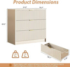 3 Piece Dresser Bedroom Set, 7 Drawer Dresser & 3 Drawer Nightstands with Gold Handles, Fluted Wood Chest of Drawers for Bedroom, Living Room, Entryway, Beige
