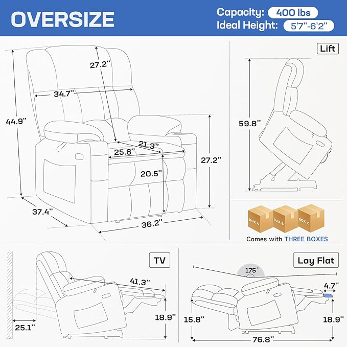 Tami Tami Dual Motor Power Lift Chair Recliner for Elderly with Massage and Heat, Infinite Position Electric Lift Recliner with Adjustable Headrest, USB (T6015 - Plush Fabric, Navy Blue, Oversized)