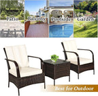 COSTWAY 3 Pieces Patio Rattan Furniture Set, Outdoor Conversation Chair Set with Coffee Table & 2 Cushions for Backyard, Porch, Poolside, Lawn, Garden, White